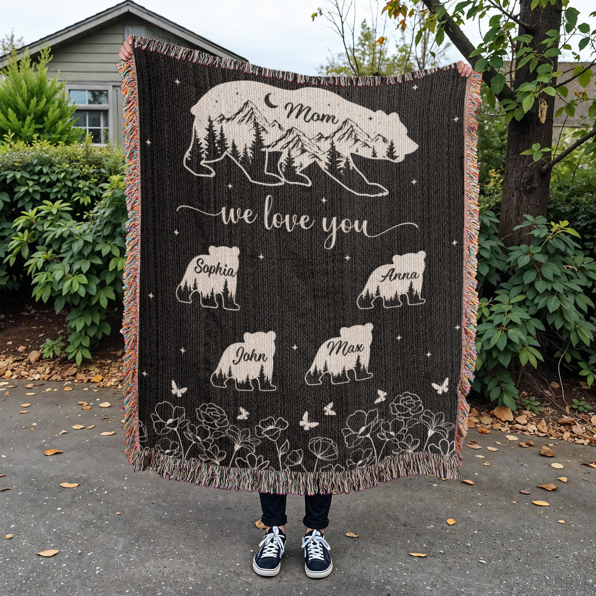 Personalized Bear Family Woven Blanket – Custom Name Mom Bear Throw, We Love You Gift from Kids