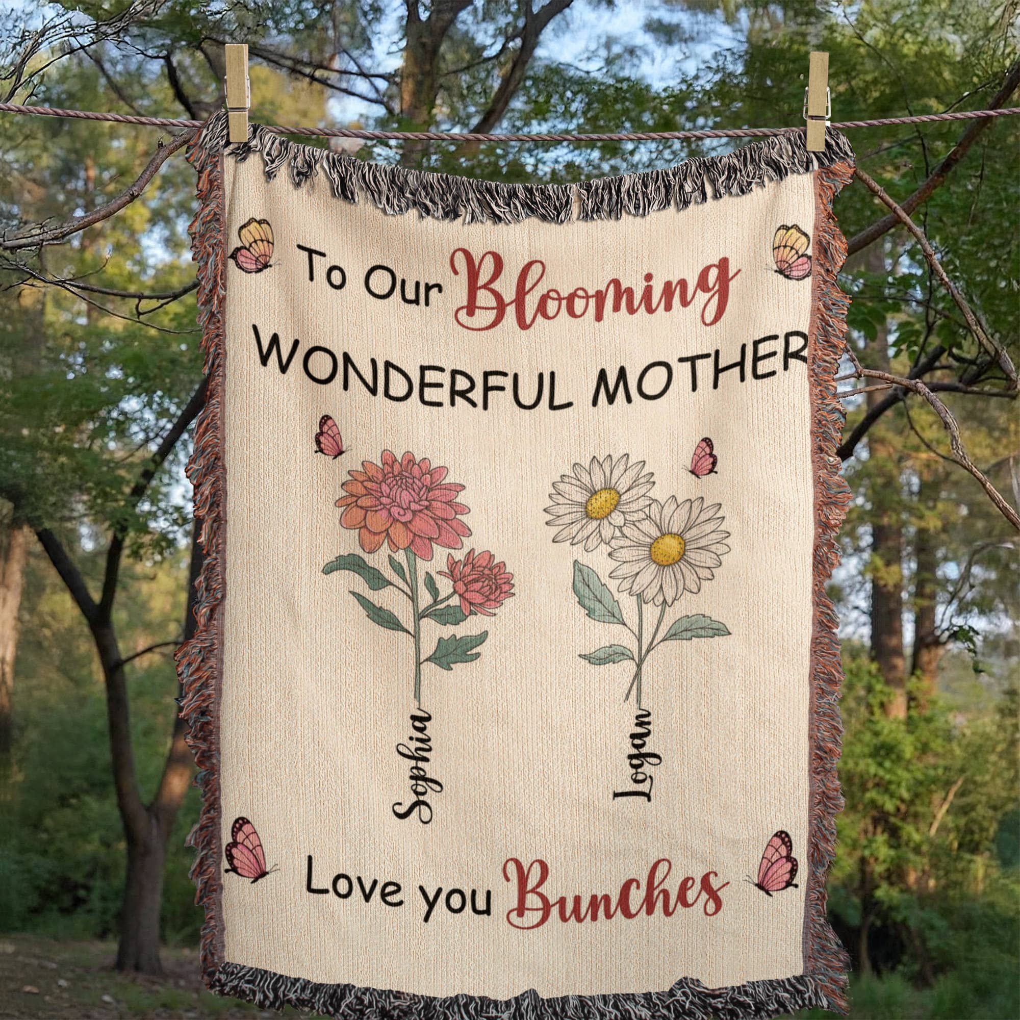 Personalized Blooming Wonderful Mother Woven Blanket – Custom Flower Name Family Throw, Mother’s Day Gift from childen