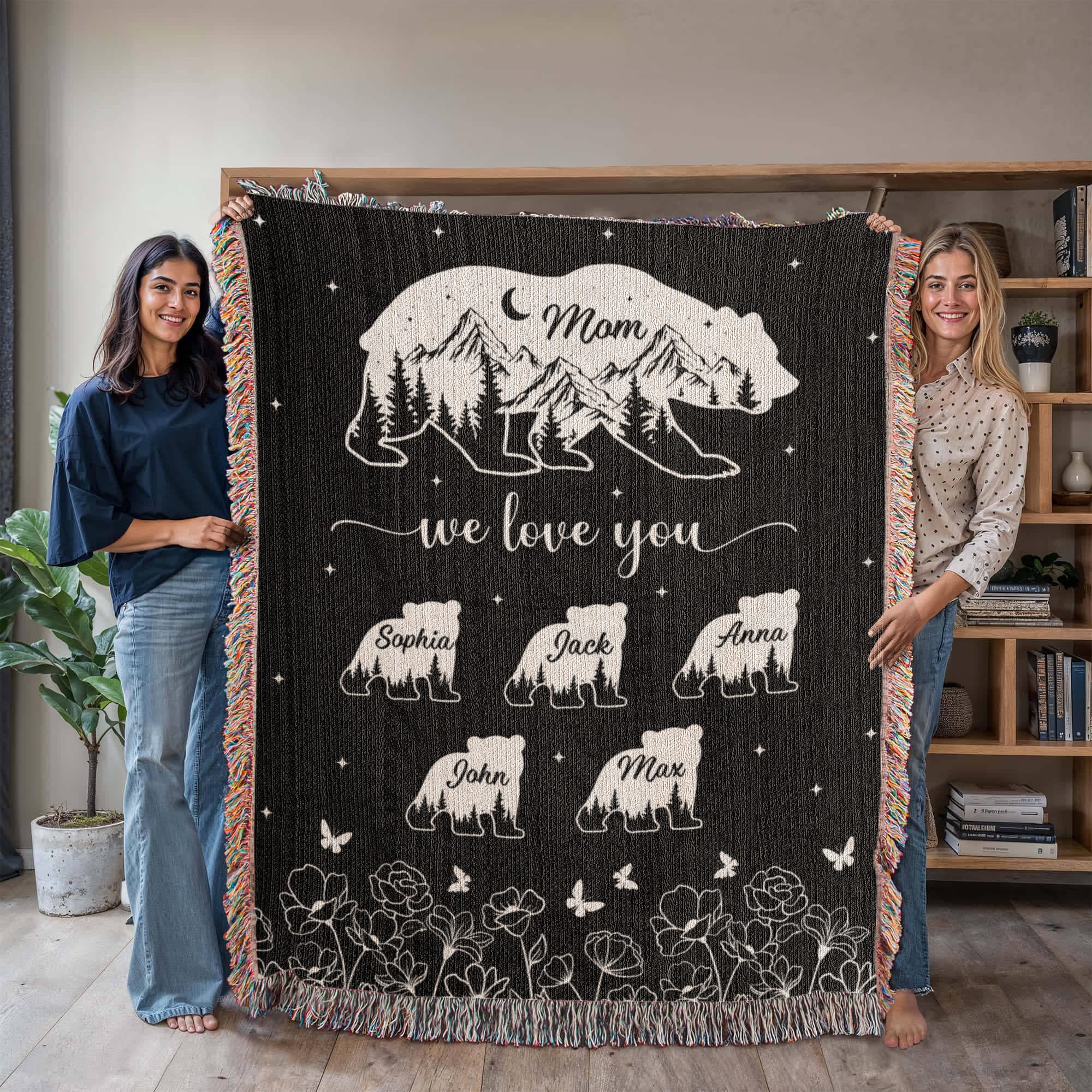 Personalized Bear Family Woven Blanket – Custom Name Mom Bear Throw, We Love You Gift from Kids