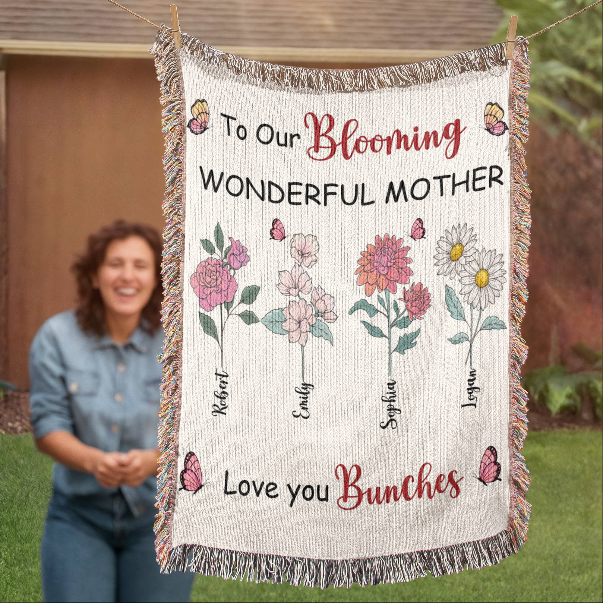 Personalized Blooming Wonderful Mother Woven Blanket – Custom Flower Name Family Throw, Mother’s Day Gift from childen