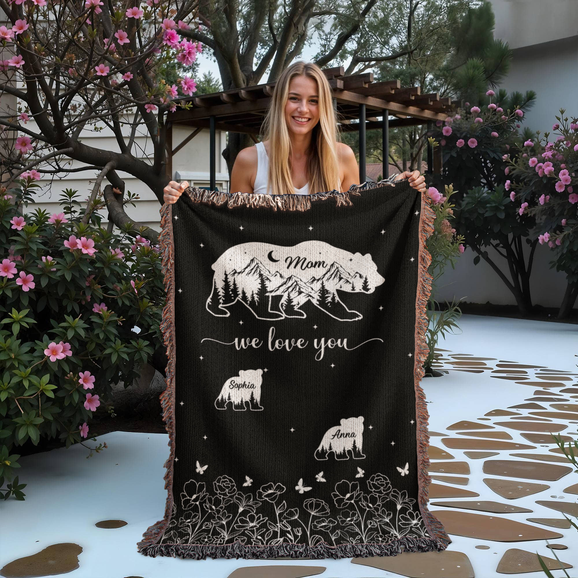 Personalized Bear Family Woven Blanket – Custom Name Mom Bear Throw, We Love You Gift from Kids