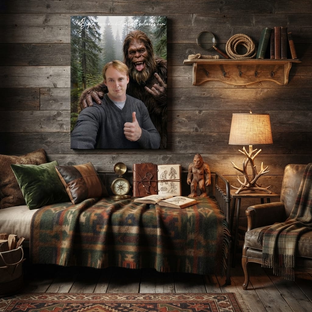 canvas Personalized Bigfoot Selfie Canvas | Custom Bigfoot Adventure Wall Art | Funny Outdoor Couple & Family Gift | Unique Keepsake Personalized Bigfoot Selfie Canvas | Custom Bigfoot Adventure Wall Art | Funny Outdoor Couple & Family Gift | Unique Keepsake