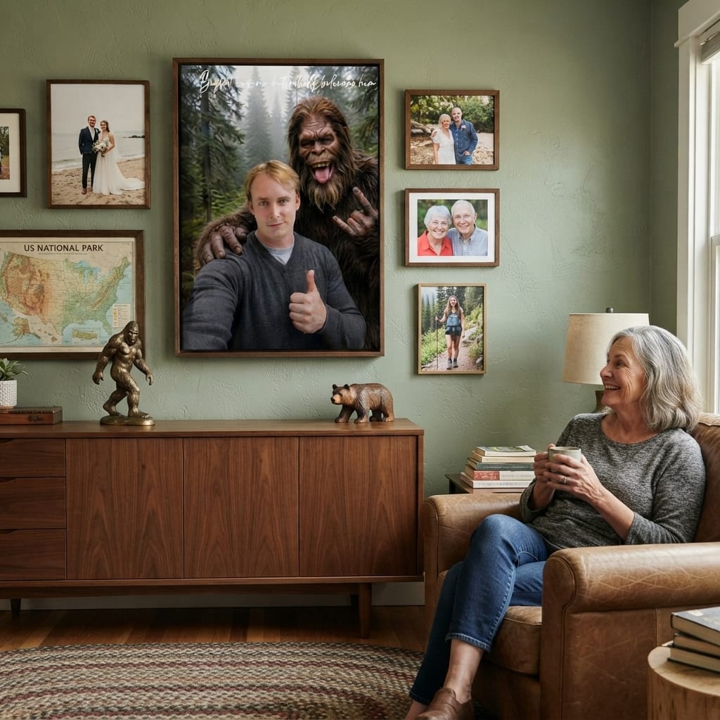 canvas Personalized Bigfoot Selfie Canvas | Custom Bigfoot Adventure Wall Art | Funny Outdoor Couple & Family Gift | Unique Keepsake Personalized Bigfoot Selfie Canvas | Custom Bigfoot Adventure Wall Art | Funny Outdoor Couple & Family Gift | Unique Keepsake