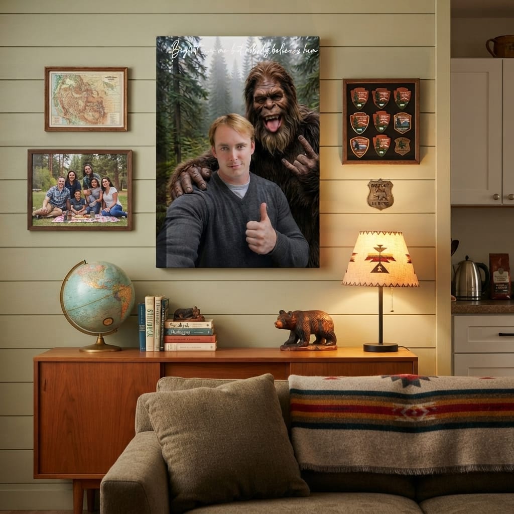 canvas Personalized Bigfoot Selfie Canvas | Custom Bigfoot Adventure Wall Art | Funny Outdoor Couple & Family Gift | Unique Keepsake Personalized Bigfoot Selfie Canvas | Custom Bigfoot Adventure Wall Art | Funny Outdoor Couple & Family Gift | Unique Keepsake