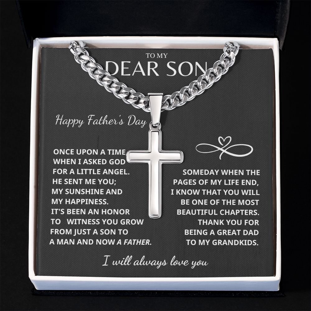 Father's Day Son Gift- Cuban Chain with Artisan Cross Necklace
