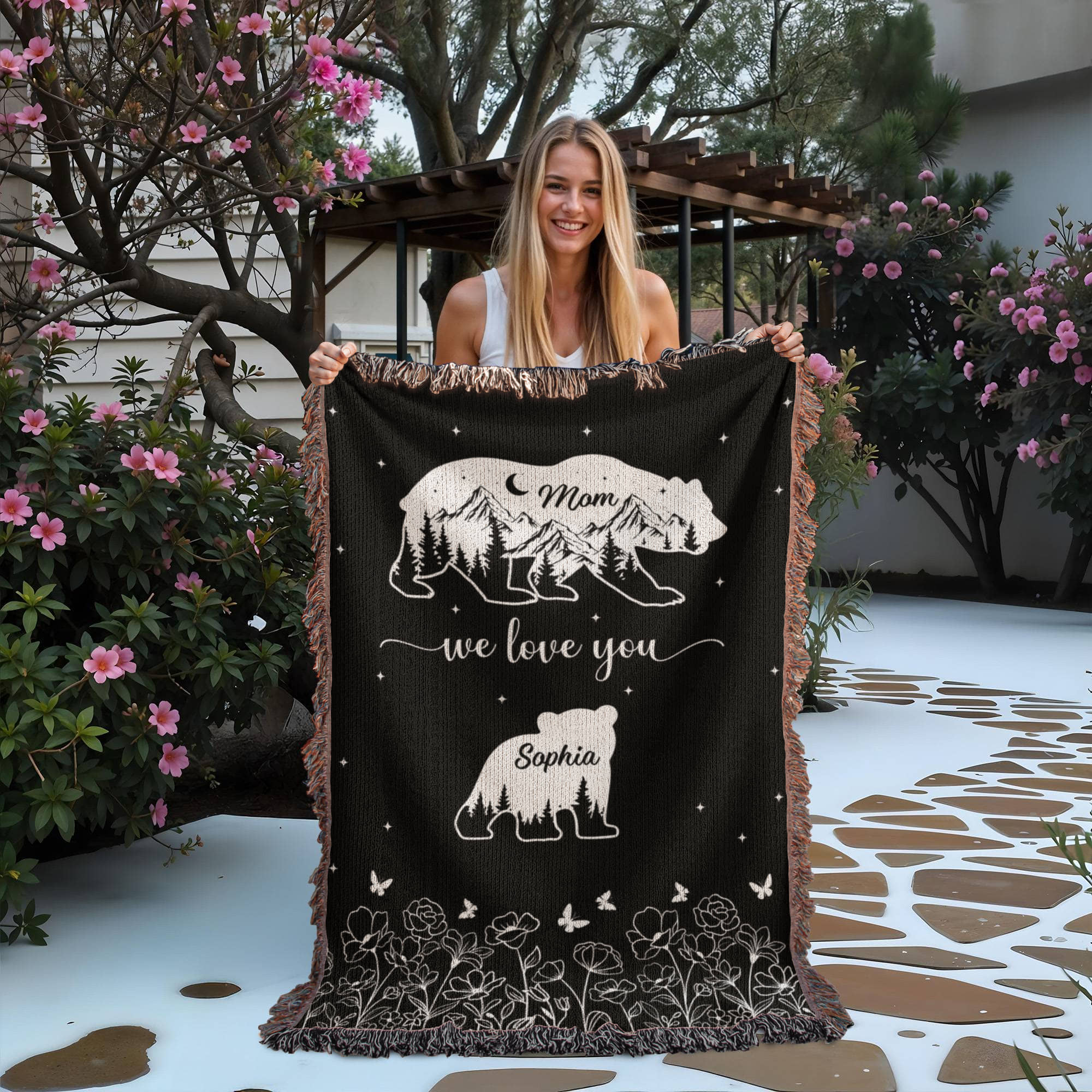 Personalized Bear Family Woven Blanket – Custom Name Mom Bear Throw, We Love You Gift from Kids