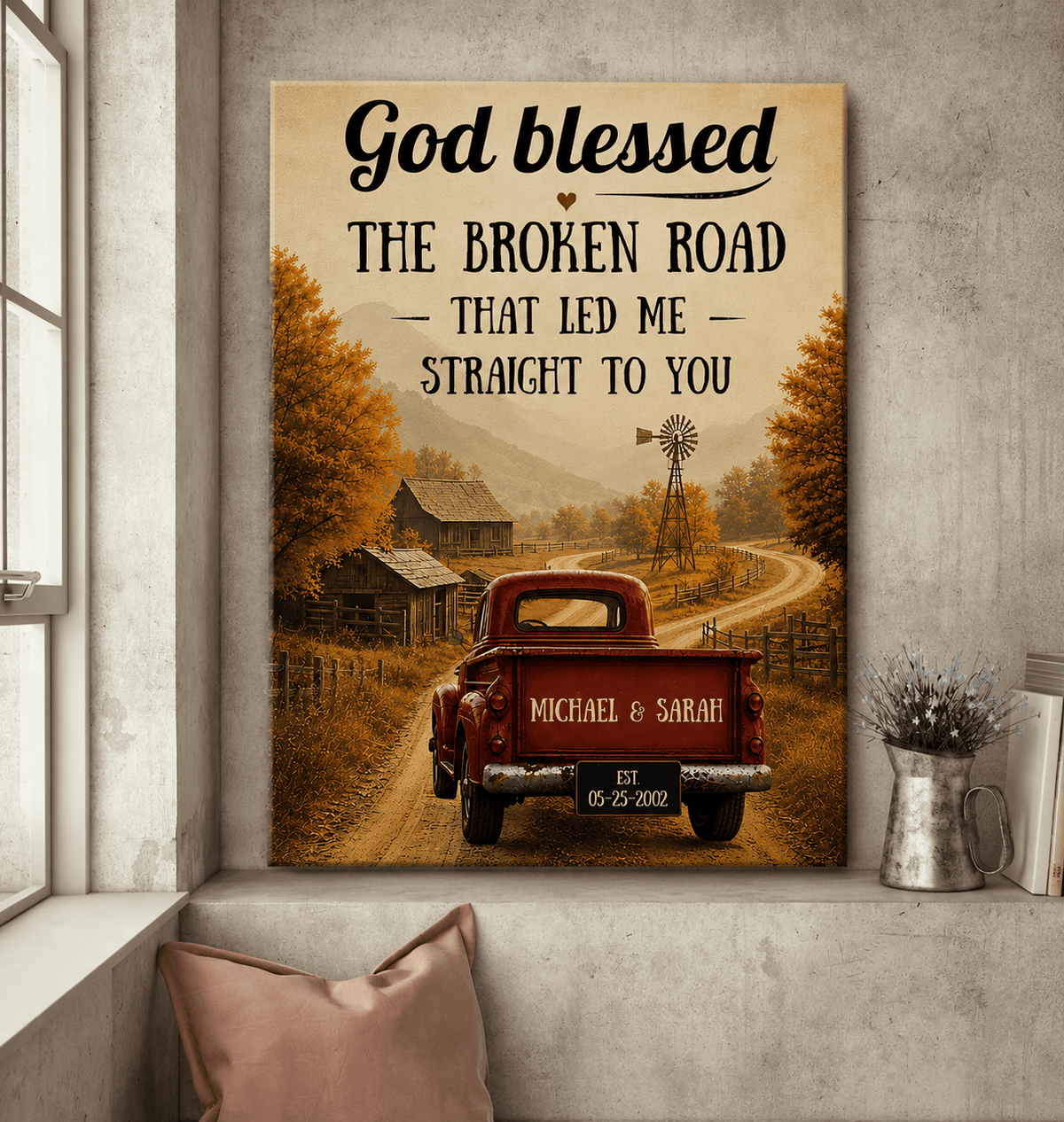 "God Blessed the Broken Road" – Custom Couple Truck Farmhouse Canvas