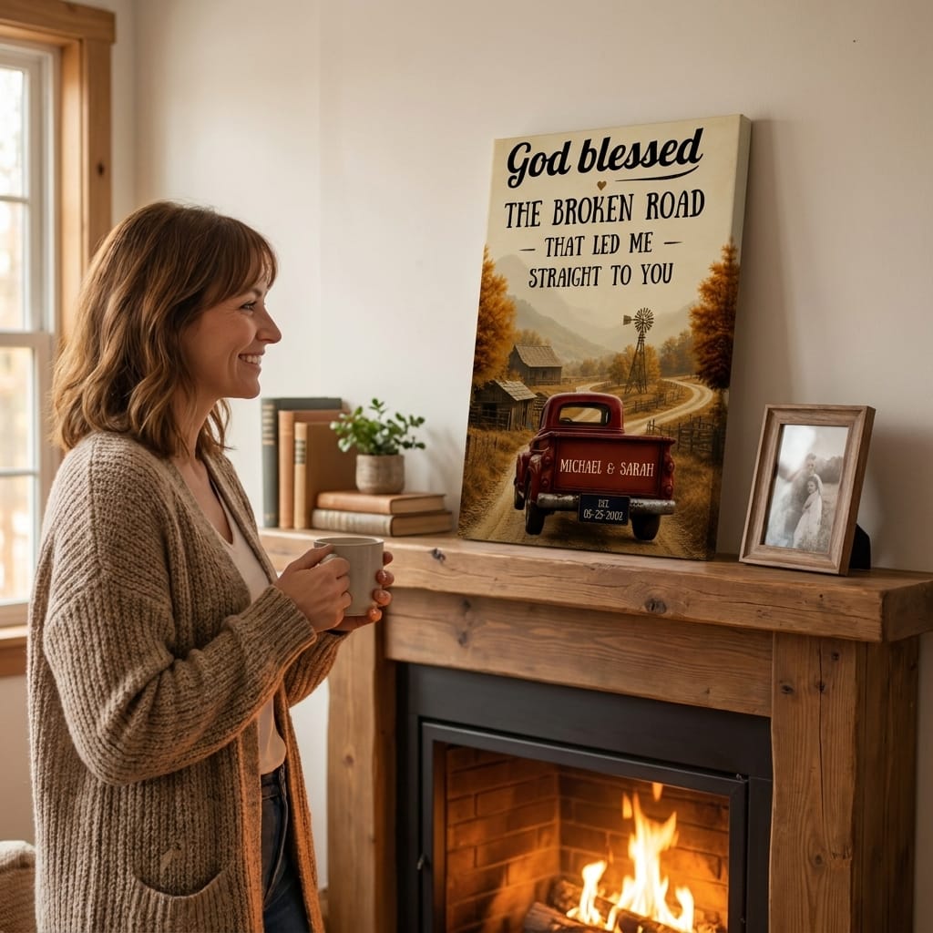 "God Blessed the Broken Road" – Custom Couple Truck Farmhouse Canvas