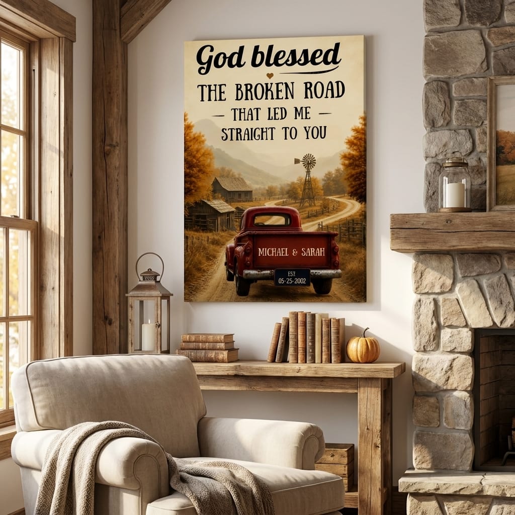 "God Blessed the Broken Road" – Custom Couple Truck Farmhouse Canvas