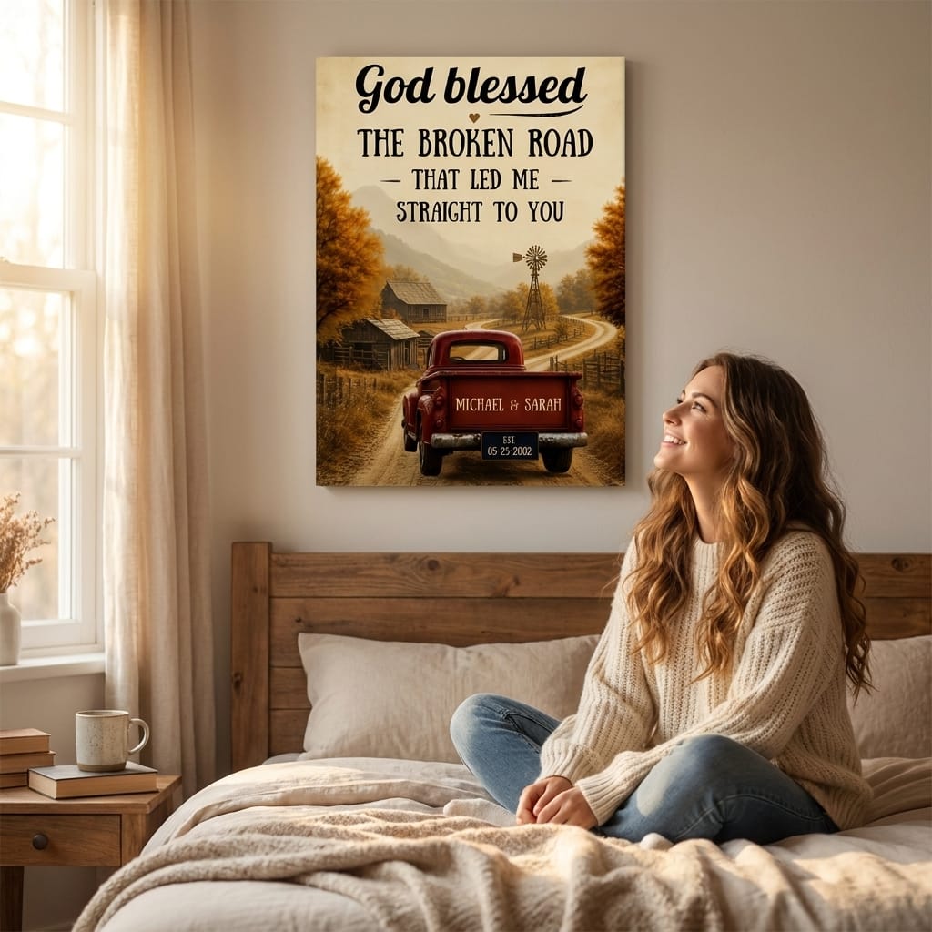 "God Blessed the Broken Road" – Custom Couple Truck Farmhouse Canvas