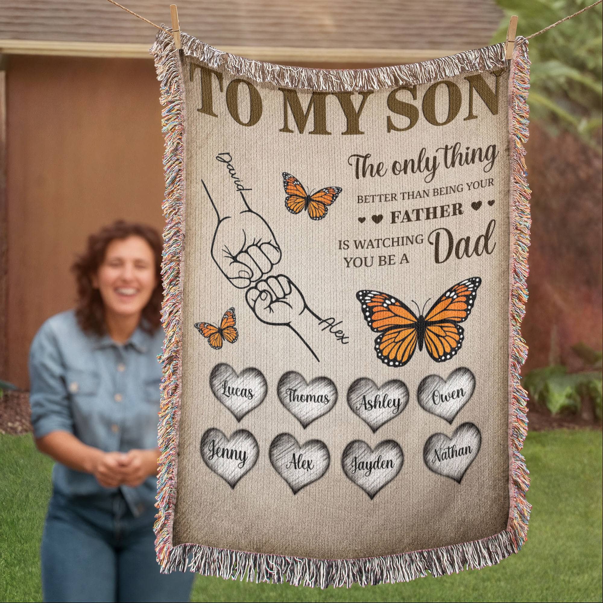 Family name woven blanket gift for father and son