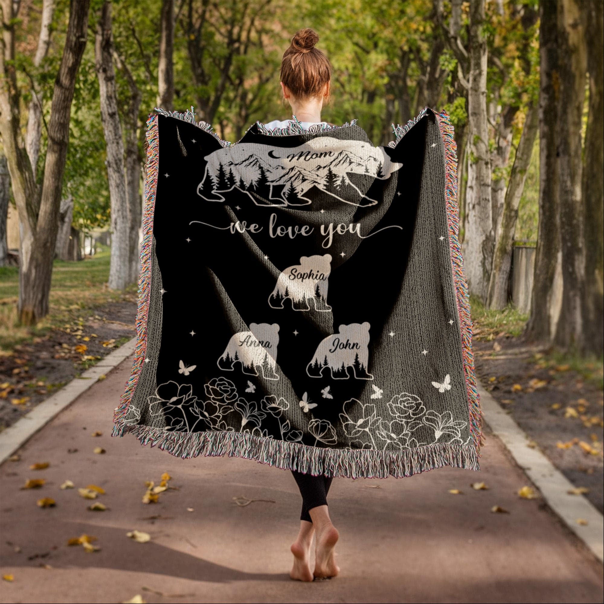 Personalized Bear Family Woven Blanket – Custom Name Mom Bear Throw, We Love You Gift from Kids