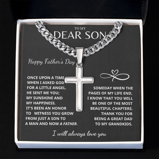 Jewelry Father's Day Son Gift- Cuban Chain with Artisan Cross Necklace