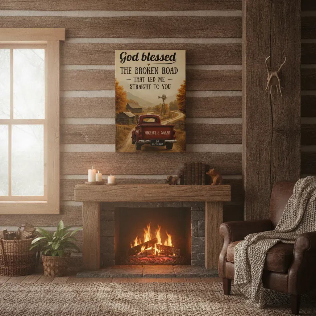 Wall Art "God Blessed the Broken Road" – Custom Couple Truck Farmhouse Canvas "God Blessed the Broken Road" – Custom Couple Truck Farmhouse Canvas