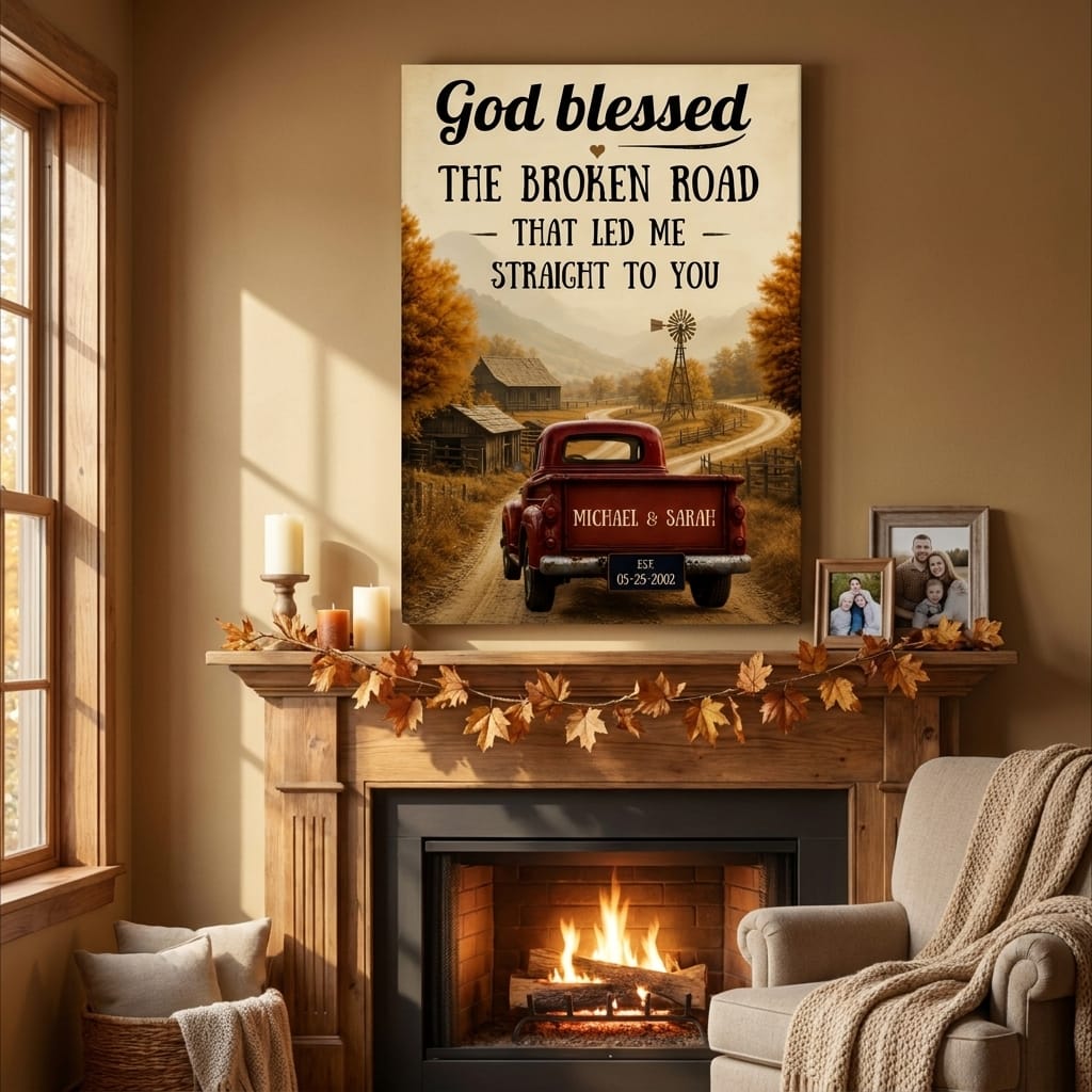 Wall Art "God Blessed the Broken Road" – Custom Couple Truck Farmhouse Canvas "God Blessed the Broken Road" – Custom Couple Truck Farmhouse Canvas