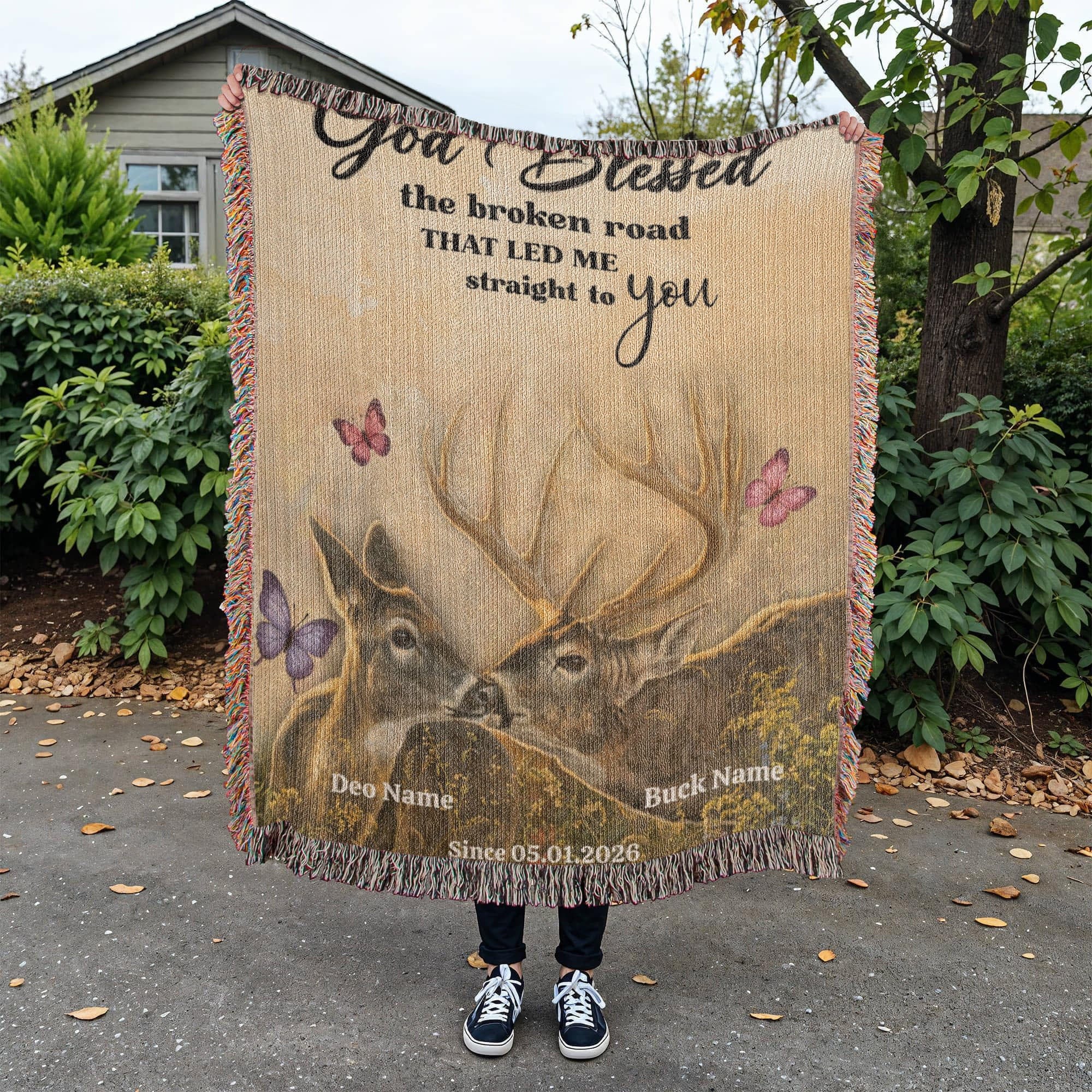 God Blessed the Broken Road Deer Couple Personalized Woven Blanket – Rustic Christian Wedding Gift for Couples God Blessed the Broken Road Deer Couple Personalized Woven Blanket – Rustic Christian Wedding Gift for Couples