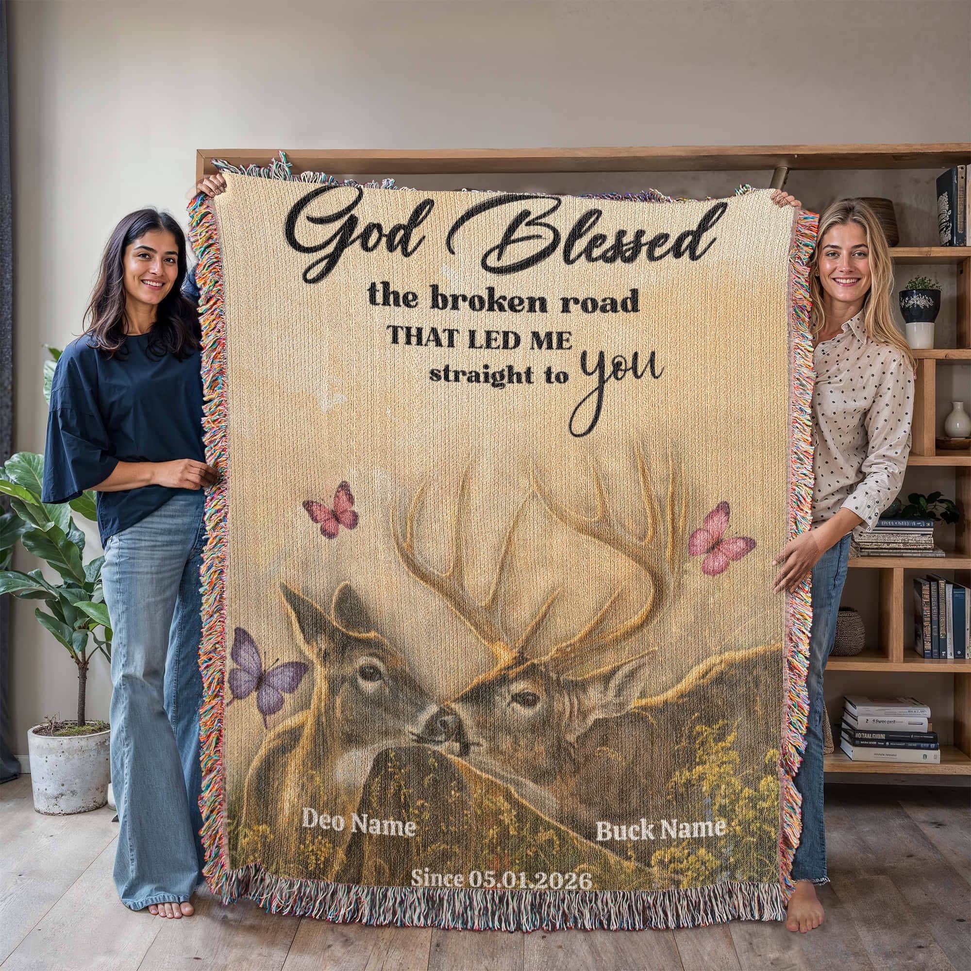 God Blessed the Broken Road Deer Couple Personalized Woven Blanket – Rustic Christian Wedding Gift for Couples God Blessed the Broken Road Deer Couple Personalized Woven Blanket – Rustic Christian Wedding Gift for Couples