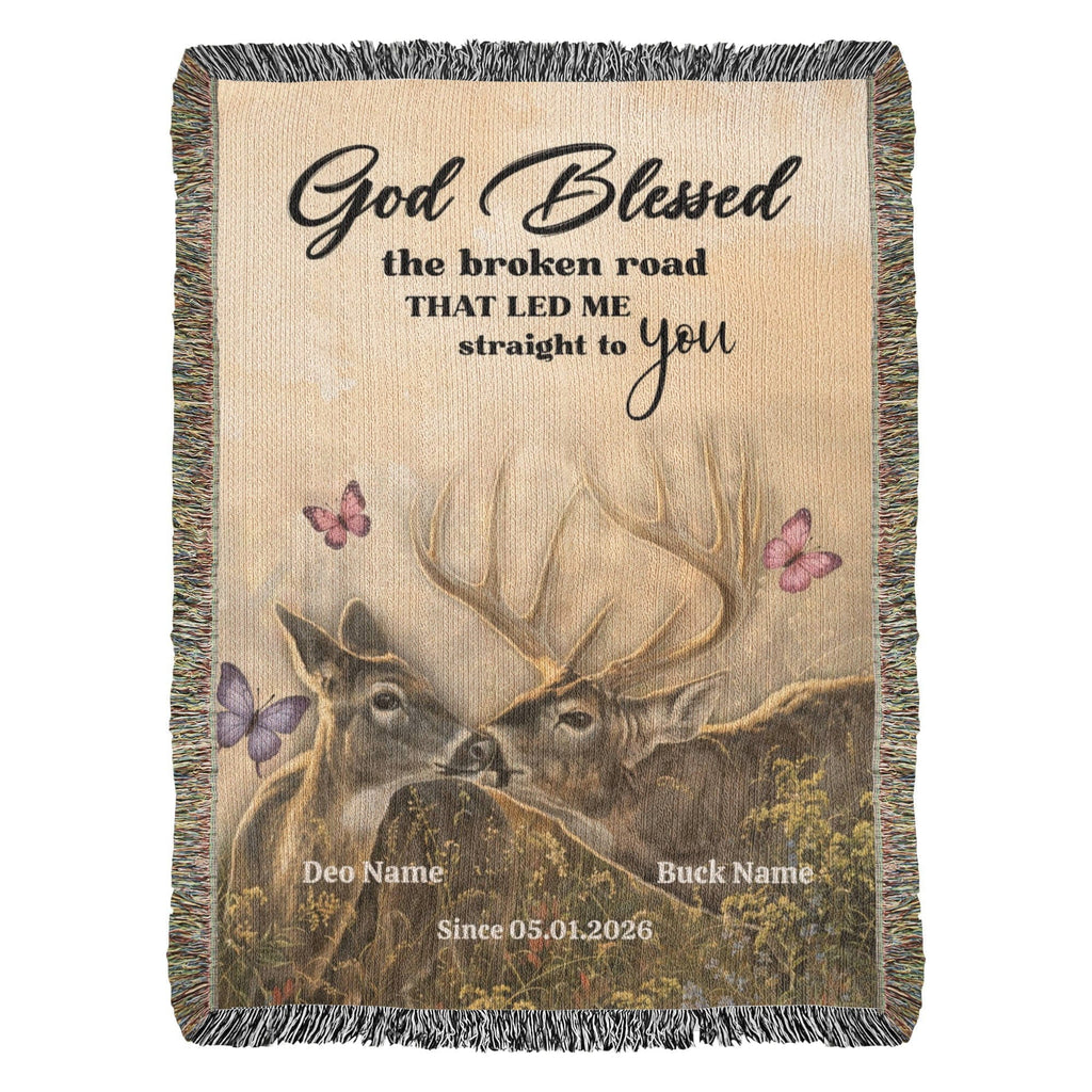 God Blessed the Broken Road Deer Couple Personalized Woven Blanket – Rustic Christian Wedding Gift for Couples God Blessed the Broken Road Deer Couple Personalized Woven Blanket – Rustic Christian Wedding Gift for Couples