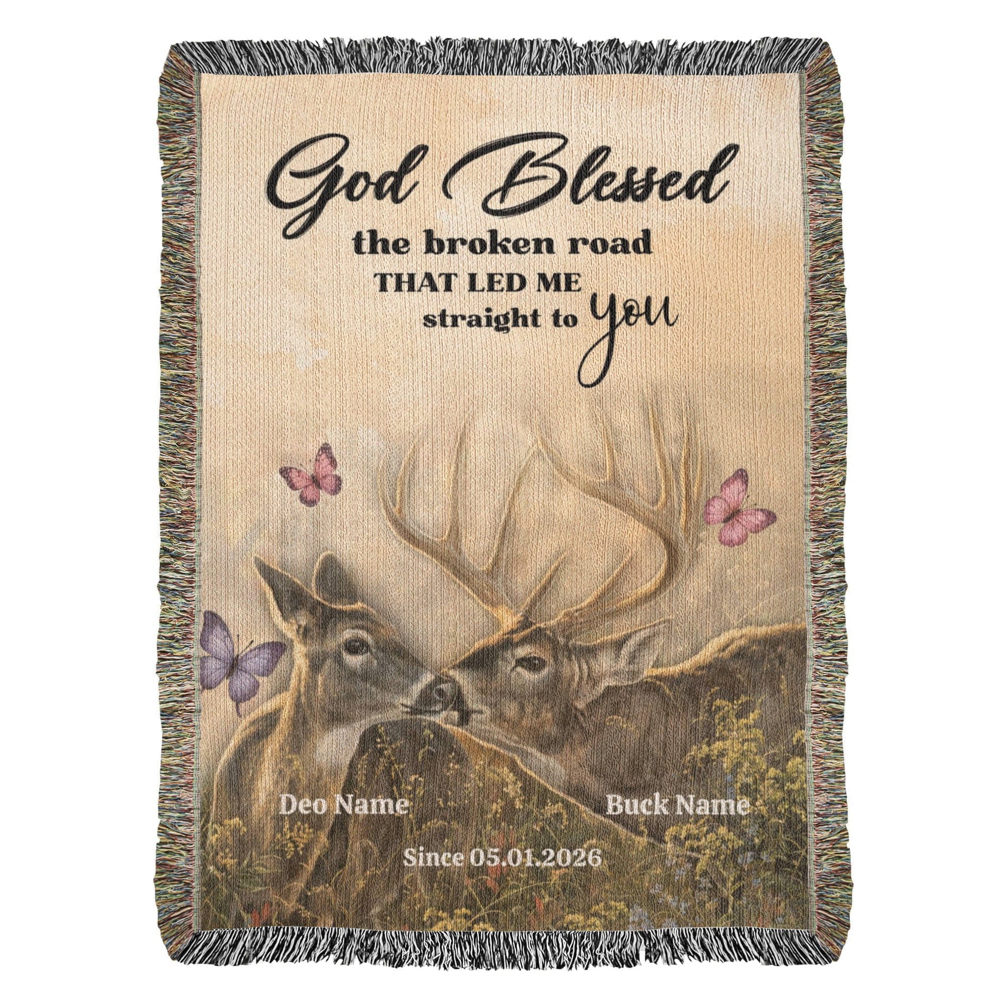 God Blessed the Broken Road Deer Couple Personalized Woven Blanket – Rustic Christian Wedding Gift for Couples God Blessed the Broken Road Deer Couple Personalized Woven Blanket – Rustic Christian Wedding Gift for Couples