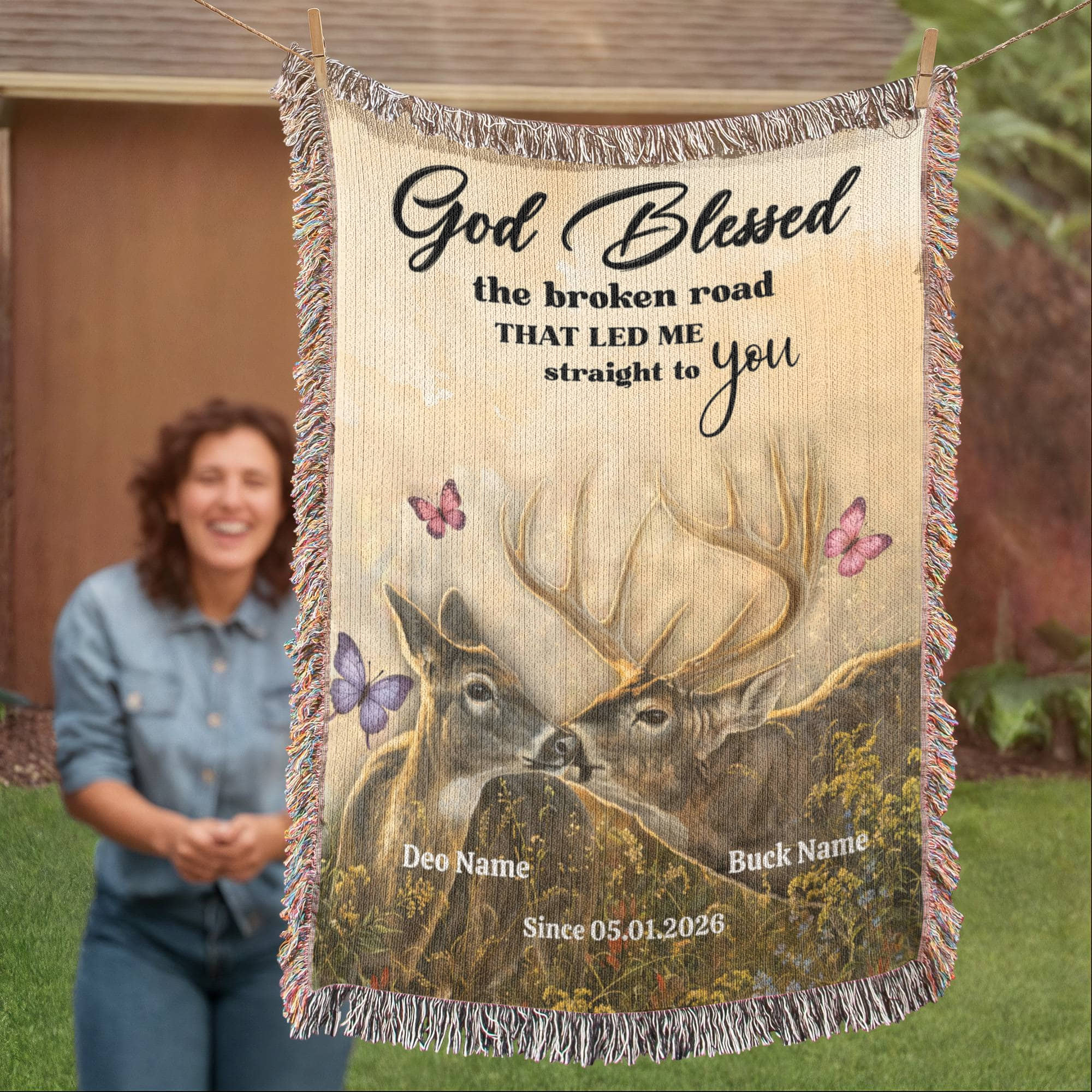 God Blessed the Broken Road Deer Couple Personalized Woven Blanket – Rustic Christian Wedding Gift for Couples God Blessed the Broken Road Deer Couple Personalized Woven Blanket – Rustic Christian Wedding Gift for Couples