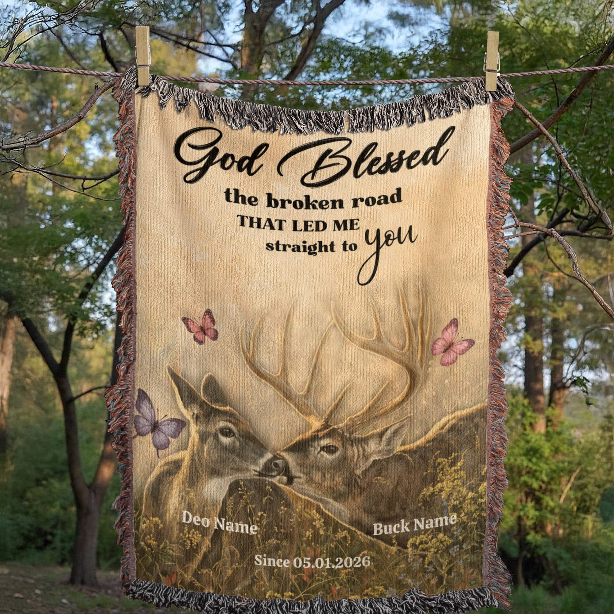God Blessed the Broken Road Deer Couple Personalized Woven Blanket – Rustic Christian Wedding Gift for Couples God Blessed the Broken Road Deer Couple Personalized Woven Blanket – Rustic Christian Wedding Gift for Couples