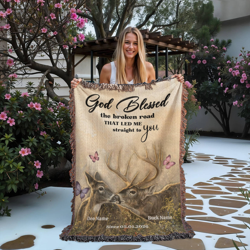 God Blessed the Broken Road Deer Couple Personalized Woven Blanket – Rustic Christian Wedding Gift for Couples God Blessed the Broken Road Deer Couple Personalized Woven Blanket – Rustic Christian Wedding Gift for Couples