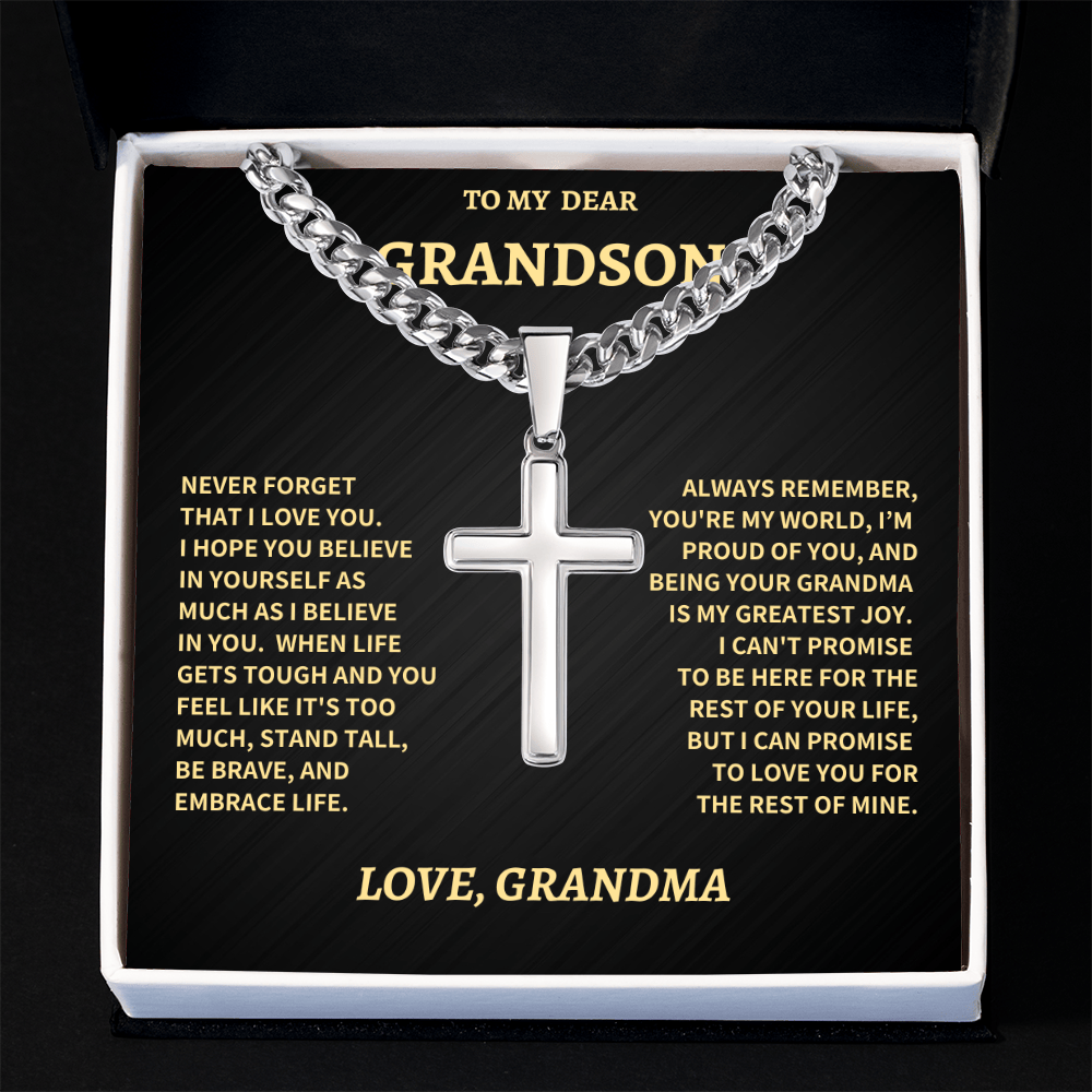 Jewelry Grandson Gift From Grandma,"Never Forget",Cross Cuban Chain. Grandson Gift From Grandma,"Never Forget",Cross Cuban Chain.