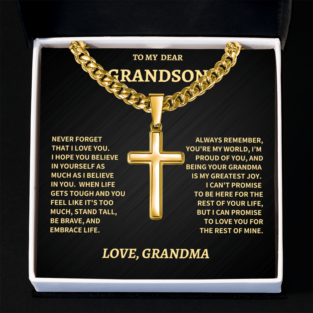 Jewelry Grandson Gift From Grandma,"Never Forget",Cross Cuban Chain. Grandson Gift From Grandma,"Never Forget",Cross Cuban Chain.