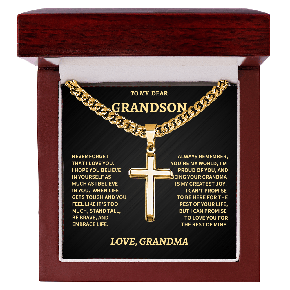 Jewelry Grandson Gift From Grandma,"Never Forget",Cross Cuban Chain. Grandson Gift From Grandma,"Never Forget",Cross Cuban Chain.