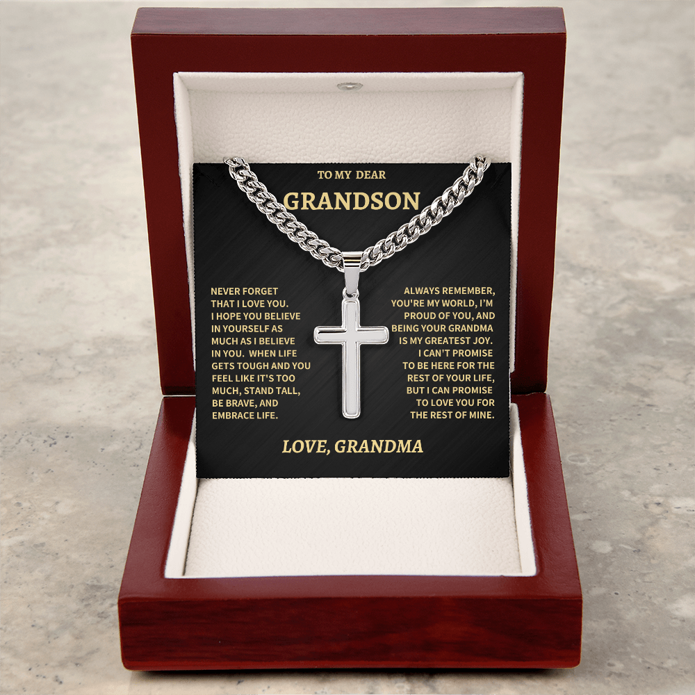 Jewelry Grandson Gift From Grandma,"Never Forget",Cross Cuban Chain. Grandson Gift From Grandma,"Never Forget",Cross Cuban Chain.
