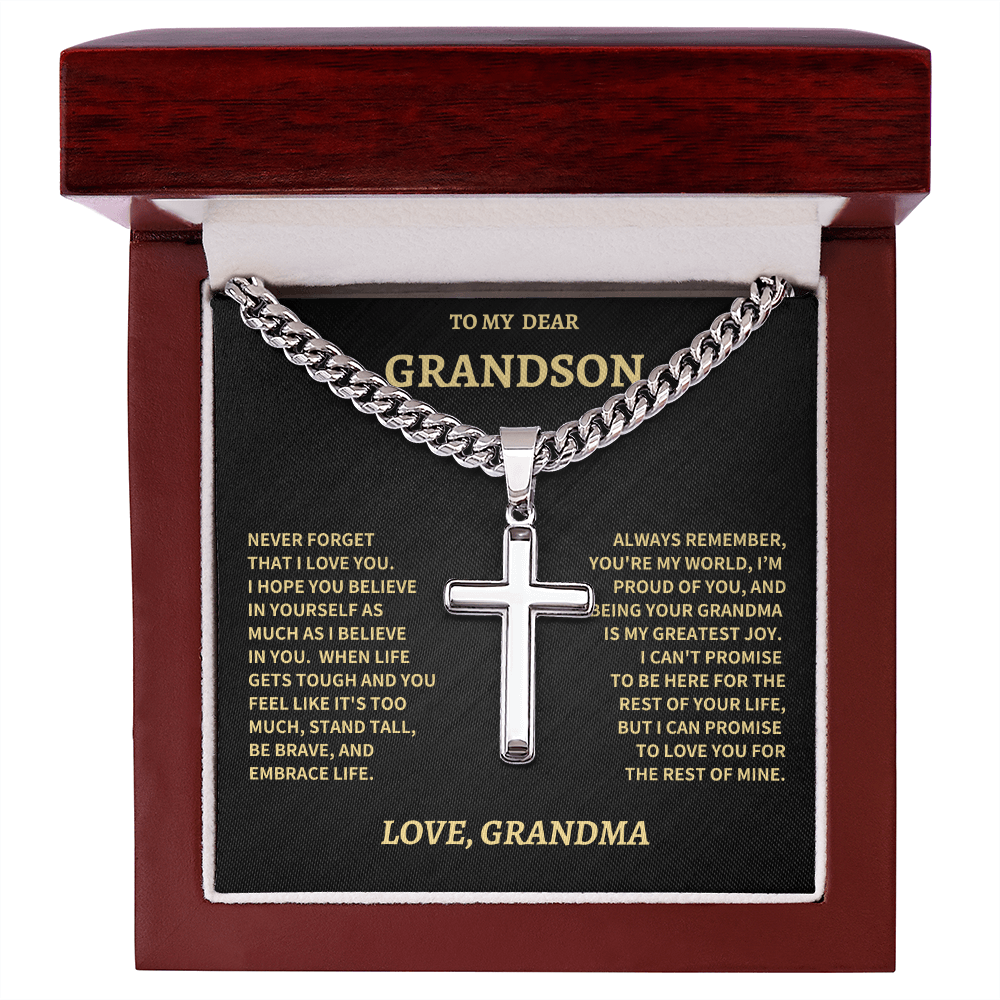 Jewelry Grandson Gift From Grandma,"Never Forget",Cross Cuban Chain. Grandson Gift From Grandma,"Never Forget",Cross Cuban Chain.