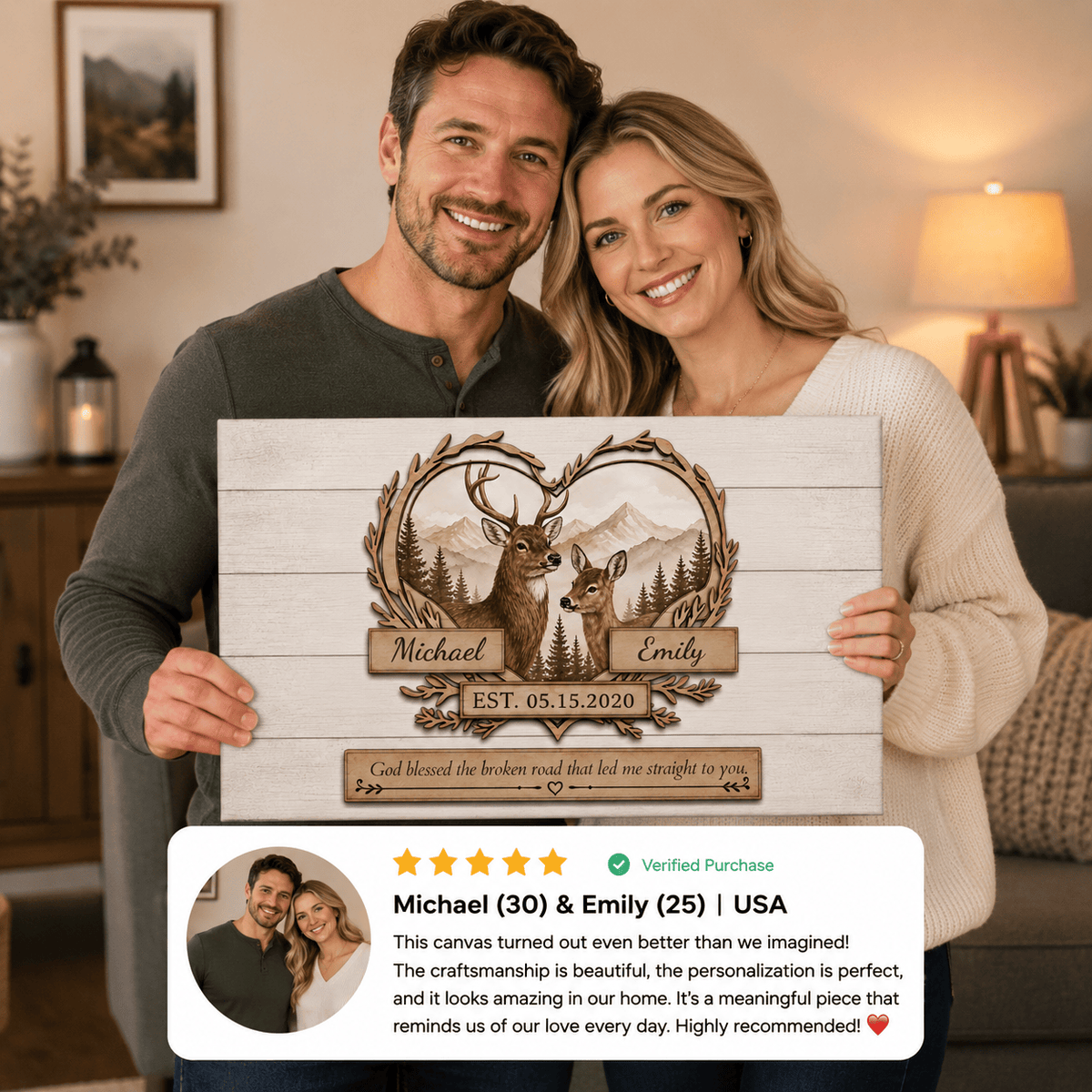 "God Bless The Broken Road," Personalized Deer Couple Canvas Wall Art