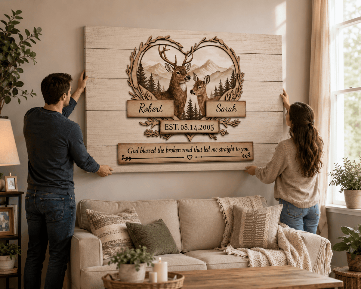 "God Bless The Broken Road," Personalized Deer Couple Canvas Wall Art