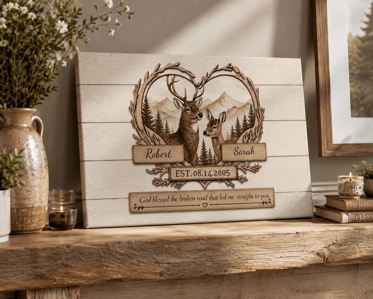 "God Bless The Broken Road," Personalized Deer Couple Canvas Wall Art