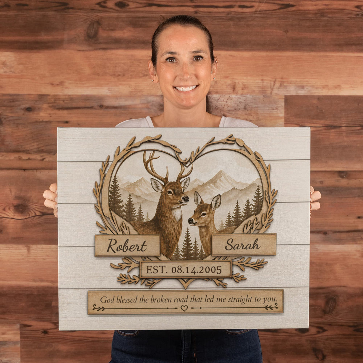 "God Bless The Broken Road," Personalized Deer Couple Canvas Wall Art