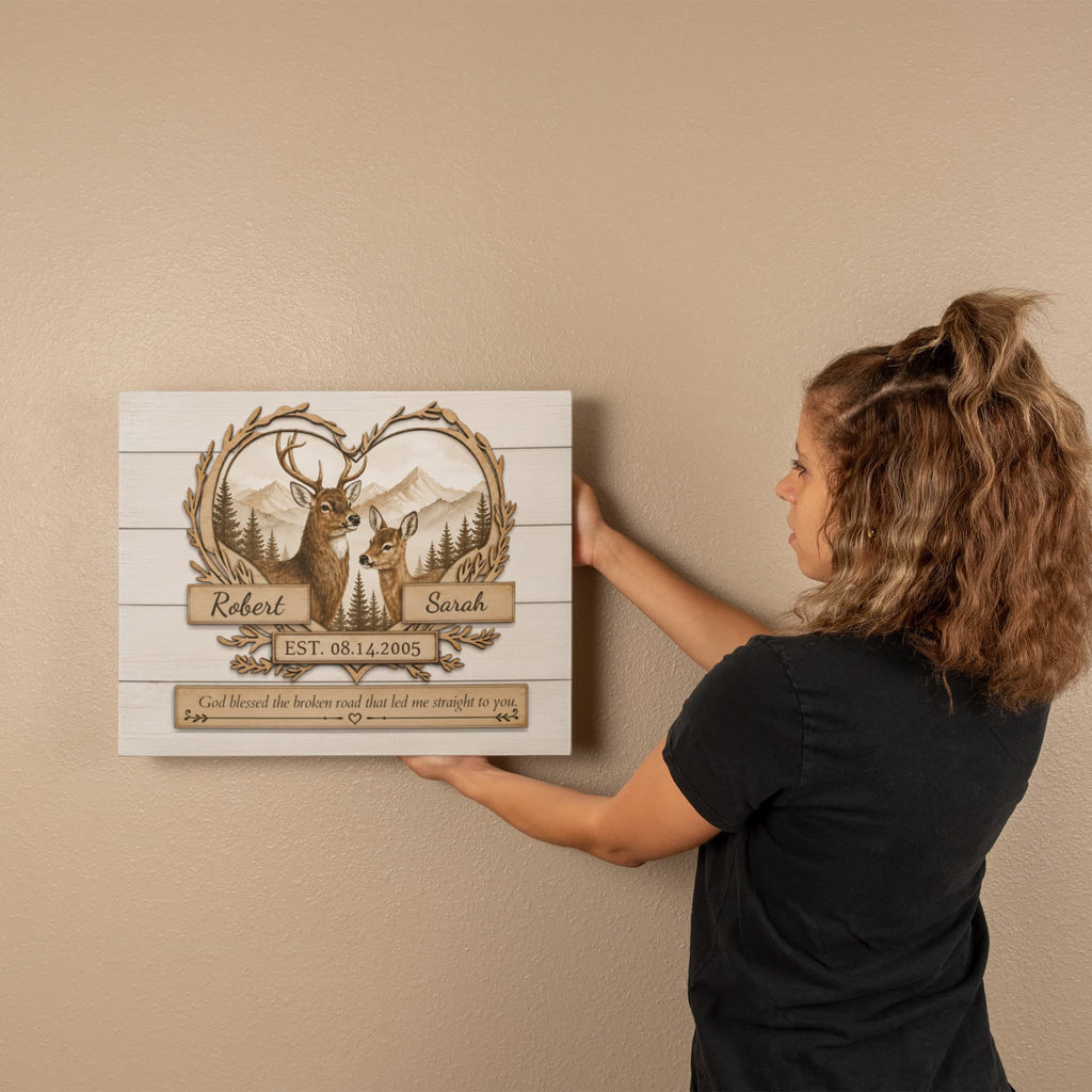 "God Bless The Broken Road," Personalized Deer Couple Canvas Wall Art