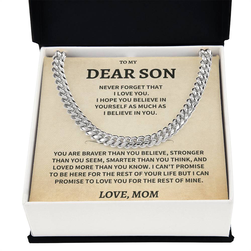 Jewelry Son Gift, From Mom "Never Forget That I Love You"- Cuban Chain Necklace