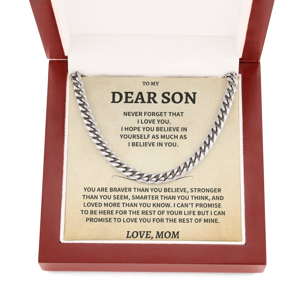 Jewelry Son Gift, From Mom "Never Forget That I Love You"- Cuban Chain Necklace