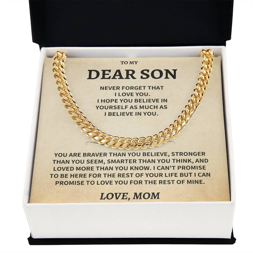 Jewelry Son Gift, From Mom "Never Forget That I Love You"- Cuban Chain Necklace