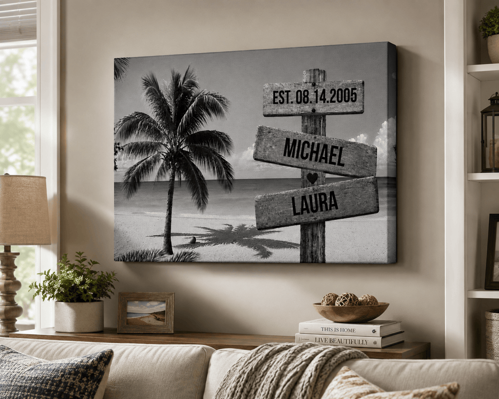 wall art Personalized Family Beach Canvas | Custom Family Name Wall Art with Tropical Palm Tree & Ocean | Coastal Family Home Decor Personalized Family Beach Canvas | Custom Family Name Wall Art with Tropical Palm Tree & Ocean | Coastal Family Home Decor