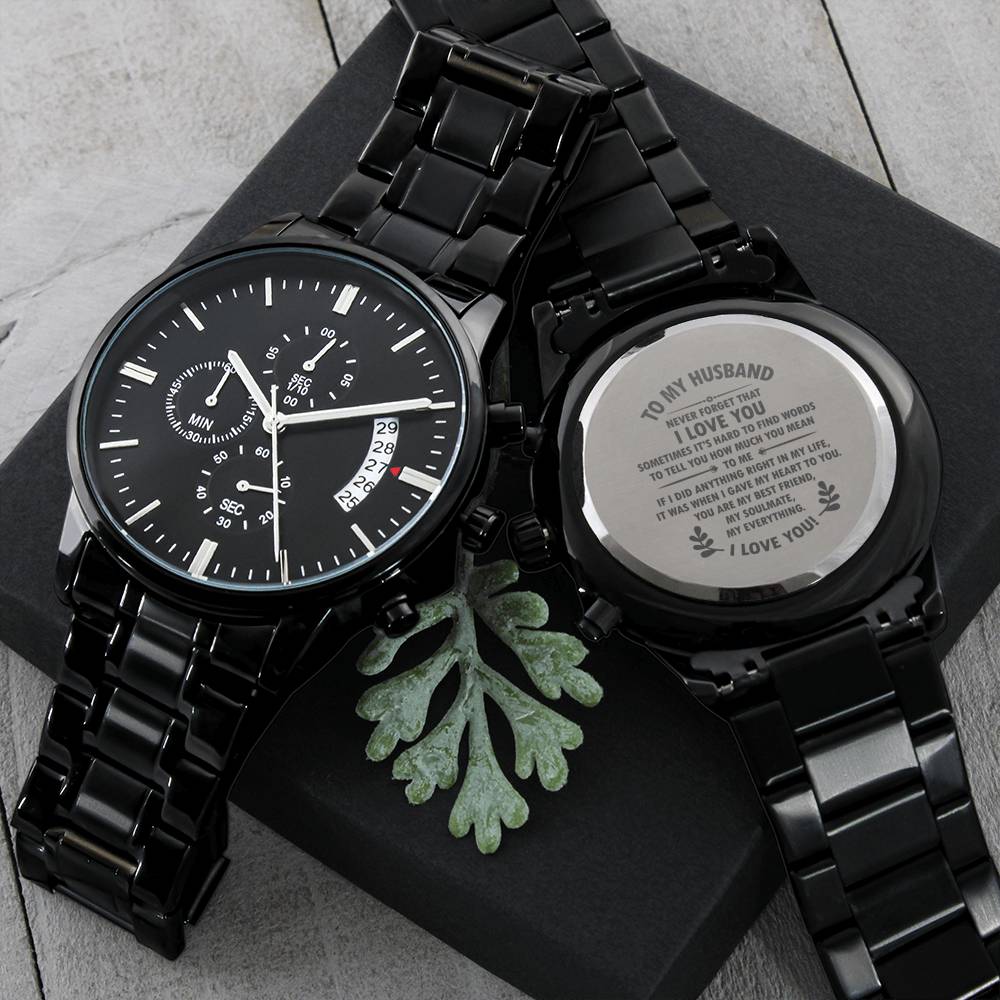 Never forget that I love you; Husband Gift, Personalized Black Chronograph Watch - Family Love Tree