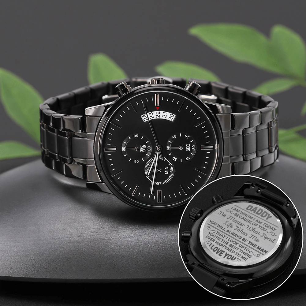 Engraved Design Black Chronograph Watch; I am Whom I am Today Because of You - Family Love Tree