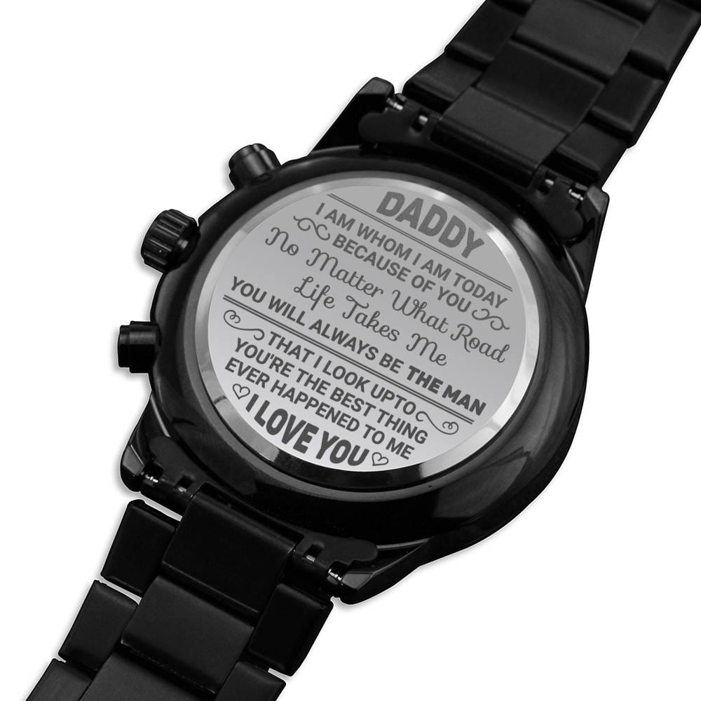 Jewelry Engraved Design Black Chronograph Watch; I am Whom I am Today Because of You