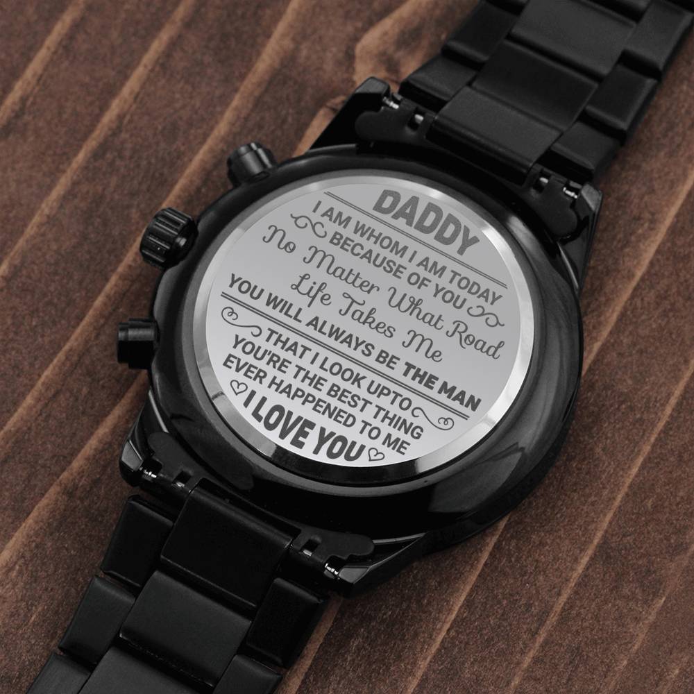 Jewelry Engraved Design Black Chronograph Watch; I am Whom I am Today Because of You