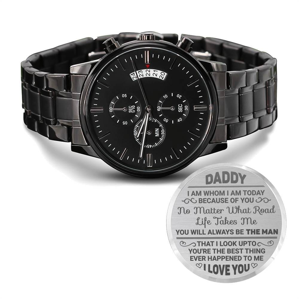 Jewelry Engraved Design Black Chronograph Watch; I am Whom I am Today Because of You