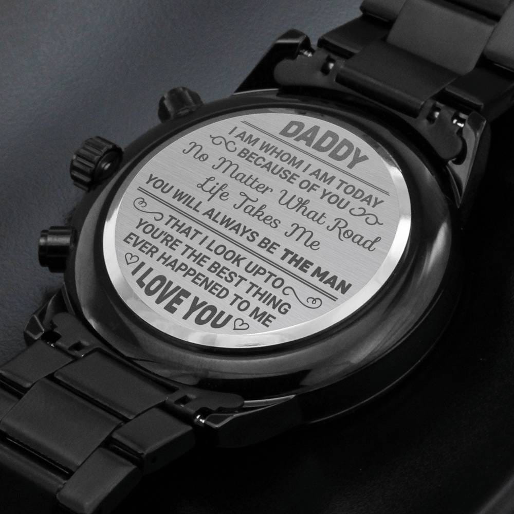 Jewelry Engraved Design Black Chronograph Watch; I am Whom I am Today Because of You