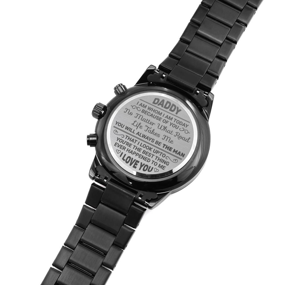 Jewelry Engraved Design Black Chronograph Watch; I am Whom I am Today Because of You